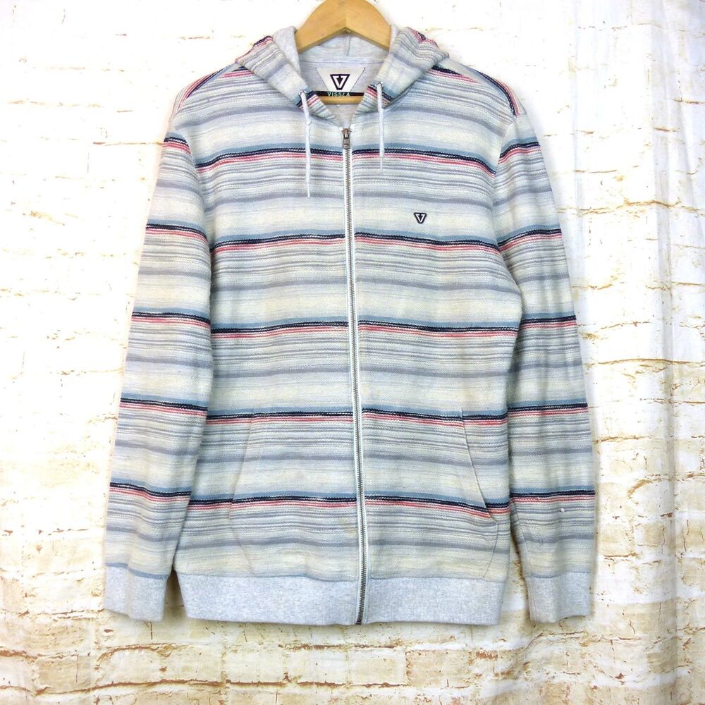 Vissla Hoodie Mens L Storm Gray Striped Foghorn Zip French Terry Surf Beach FLAW